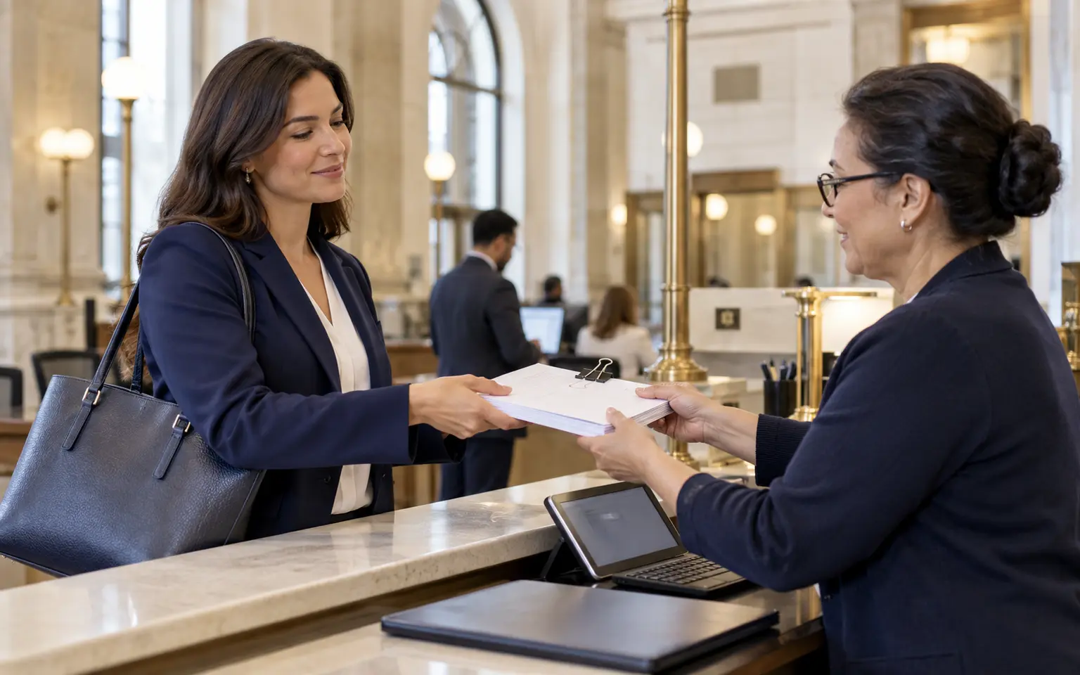 A records specialist receiving an organized public document packet at a civic service counter