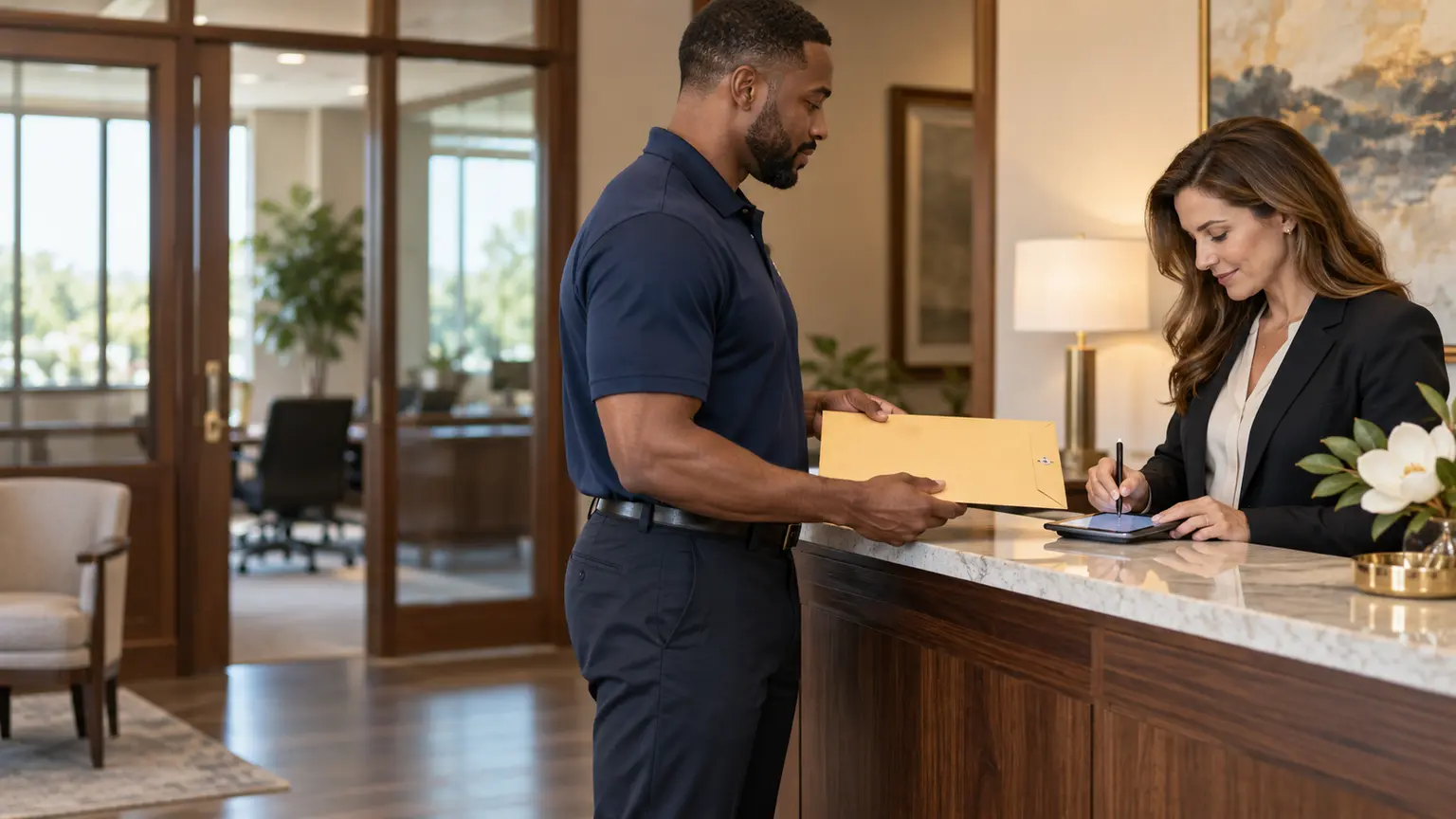 A legal courier presenting a sealed document envelope while the authorized recipient signs electronically