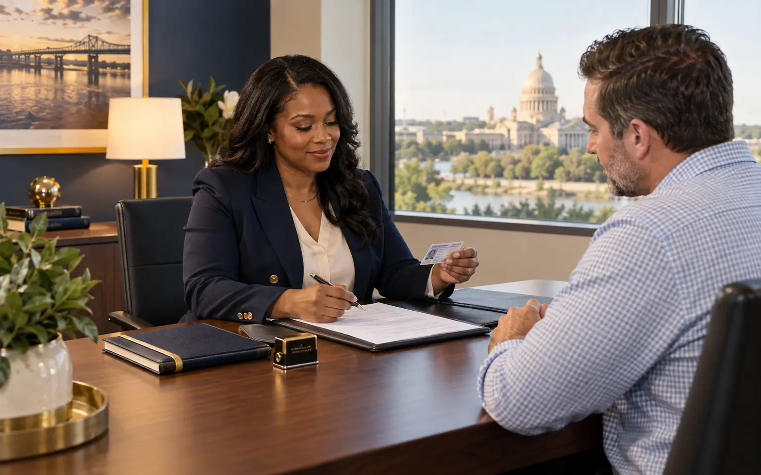 A mobile notary reviewing identification with a client at a professional office table