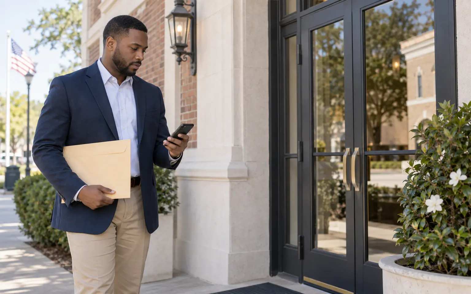 A professional process server arriving at a business office with a sealed document envelope