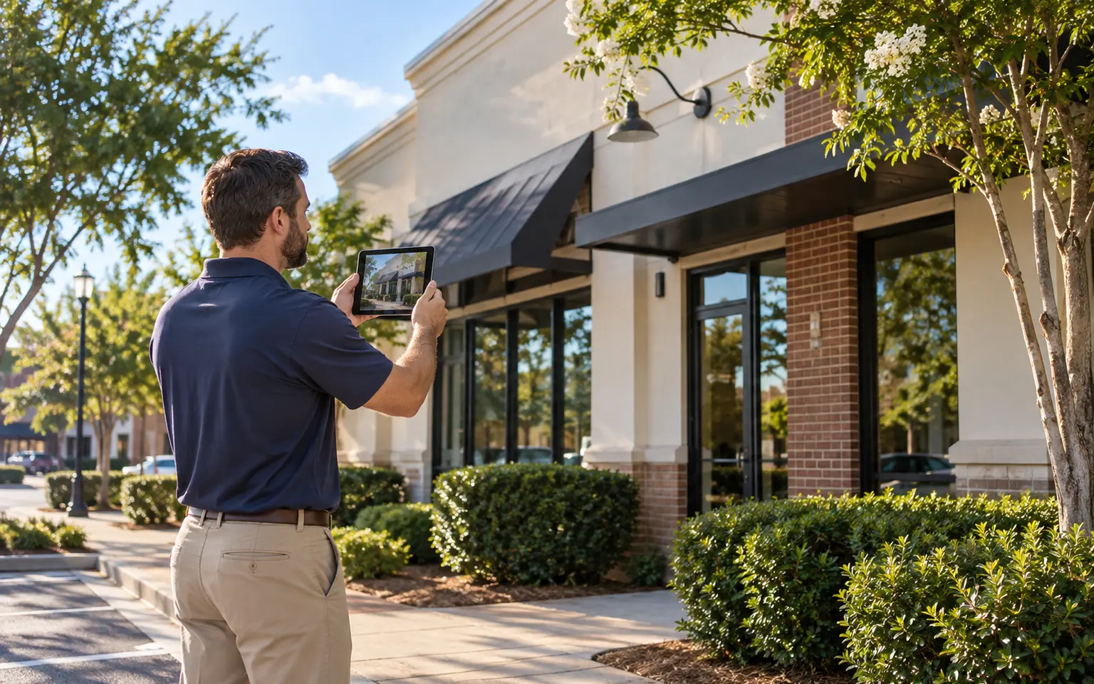 A field inspector photographing the exterior of a small commercial property from a safe public position