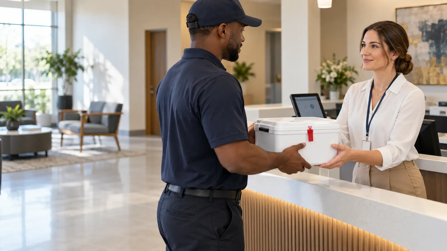 A medical courier completing a documented handoff of a sealed transport case at a healthcare office
